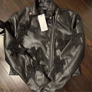 NWT Akira Black “Put a Bow on It” Faux Leather Bow Embellished Jacket, Sz XL